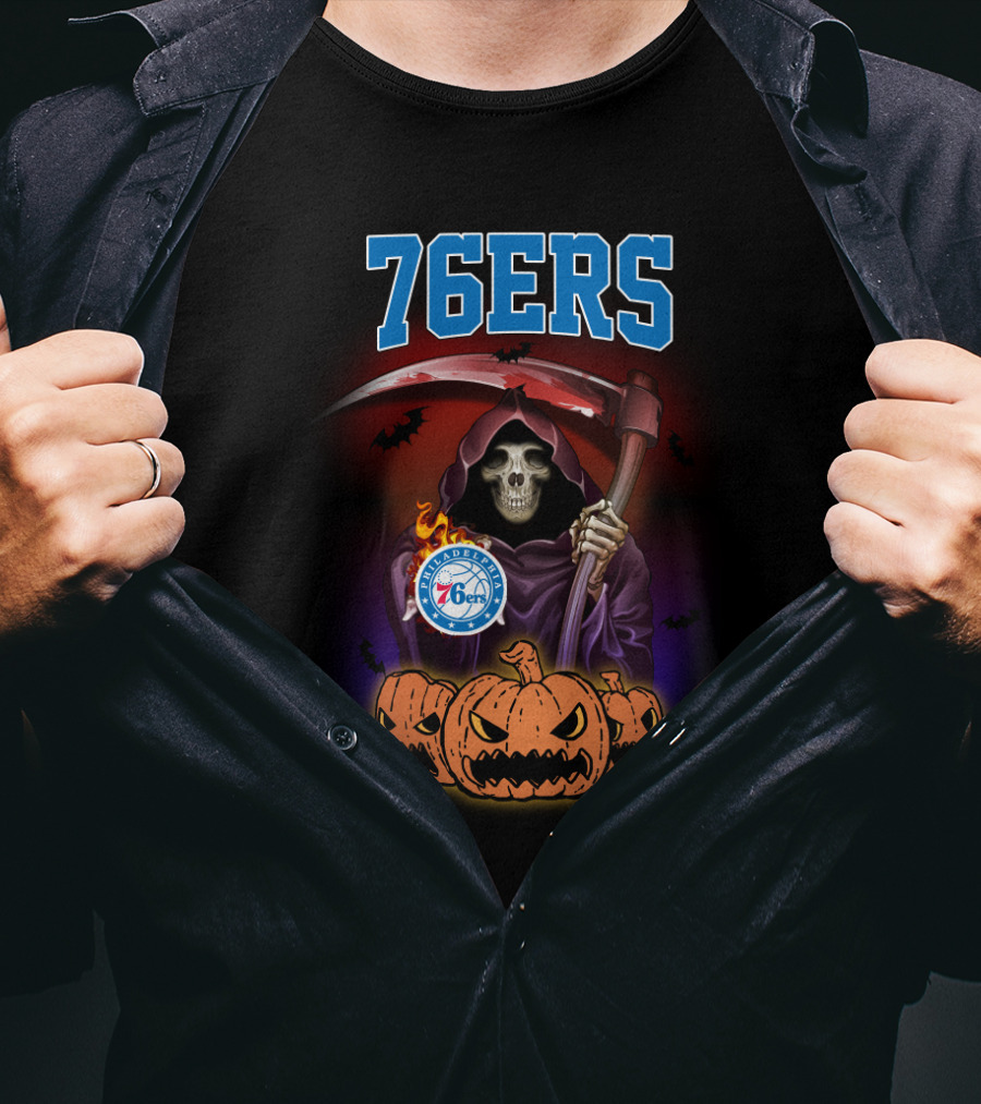 Philadelphia 76ers Reaper Halloween Pumpkins Basketball T-Shirt