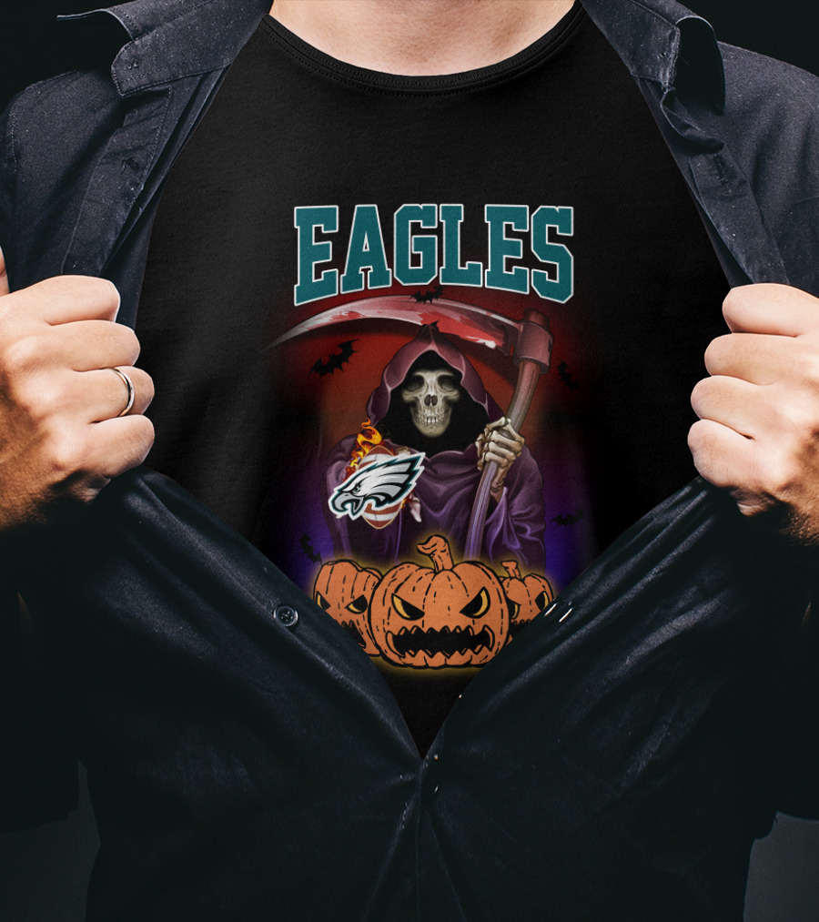 Eagles Reaper Halloween With Philadelphia Eagles Logo And Grim Pumpkin Trio T-Shirt