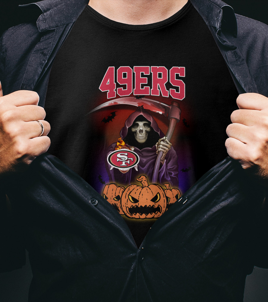 49ers Halloween Grim Reaper With Pumpkins And Scythe T-Shirt