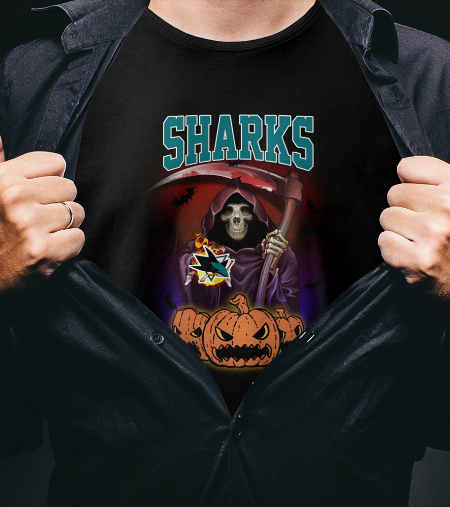 Sharks Reaper With Scythe And Pumpkins San Jose T-Shirt