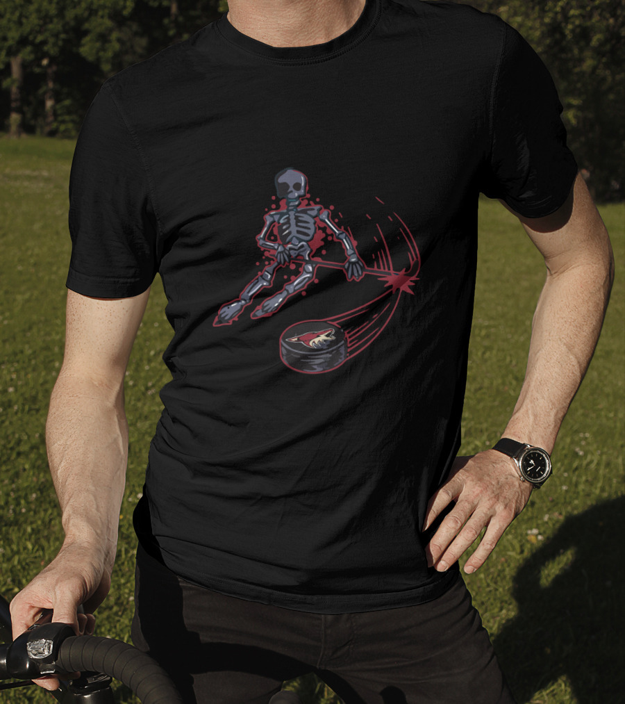 Skeleton Playing Ice Hockey With Arizona Coyotes Puck T-Shirt