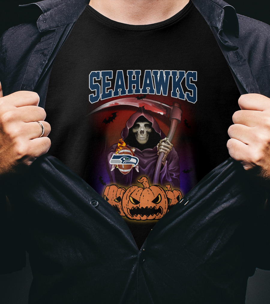 Seahawks Halloween Reaper With Pumpkins And Scythe T-Shirt
