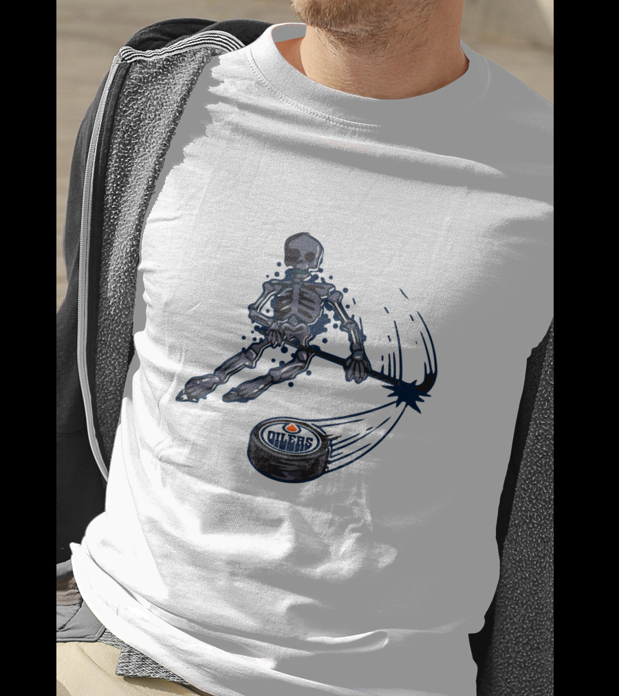 Edmonton Oilers Skeleton Playing Ice Hockey With Puck T-Shirt