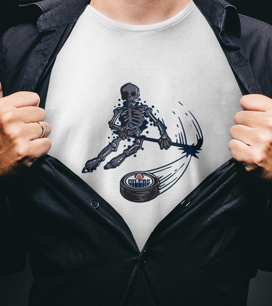 Edmonton Oilers Skeleton Playing Ice Hockey With Puck T-Shirt