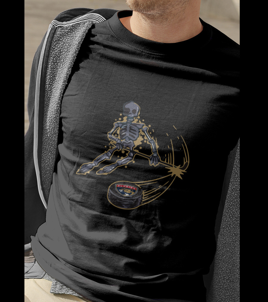 Skeleton Playing Ice Hockey With Florida Panthers Logo Puck T-Shirt