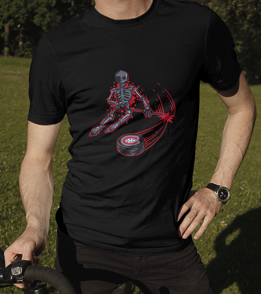 Skeleton Hockey Player With Montreal Canadiens Puck Dynamic Action T-Shirt