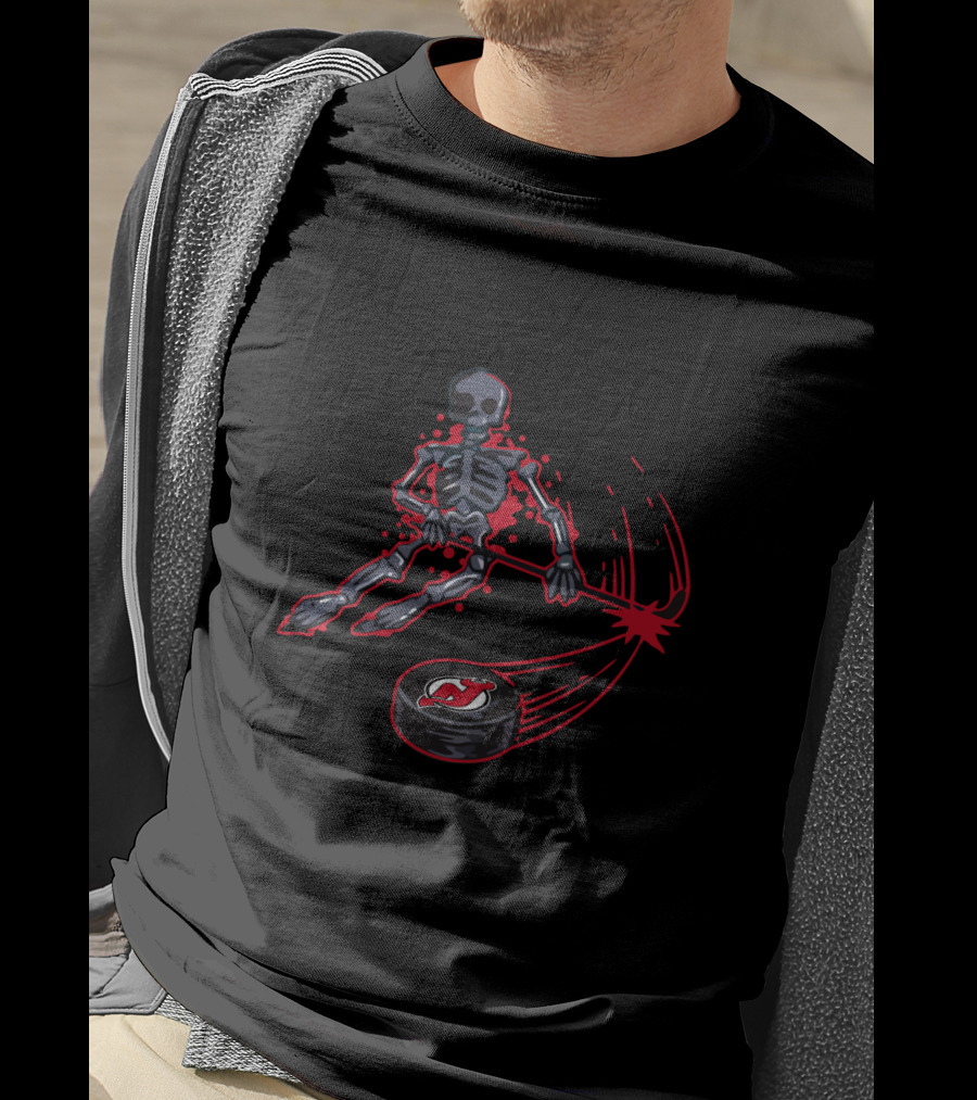 Skeleton Playing Ice Hockey With New Jersey Devils Puck T-Shirt