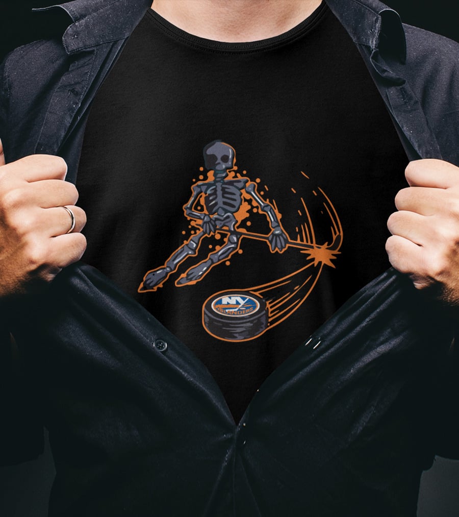 Skeleton Playing Ice Hockey With New York Islanders T-Shirt
