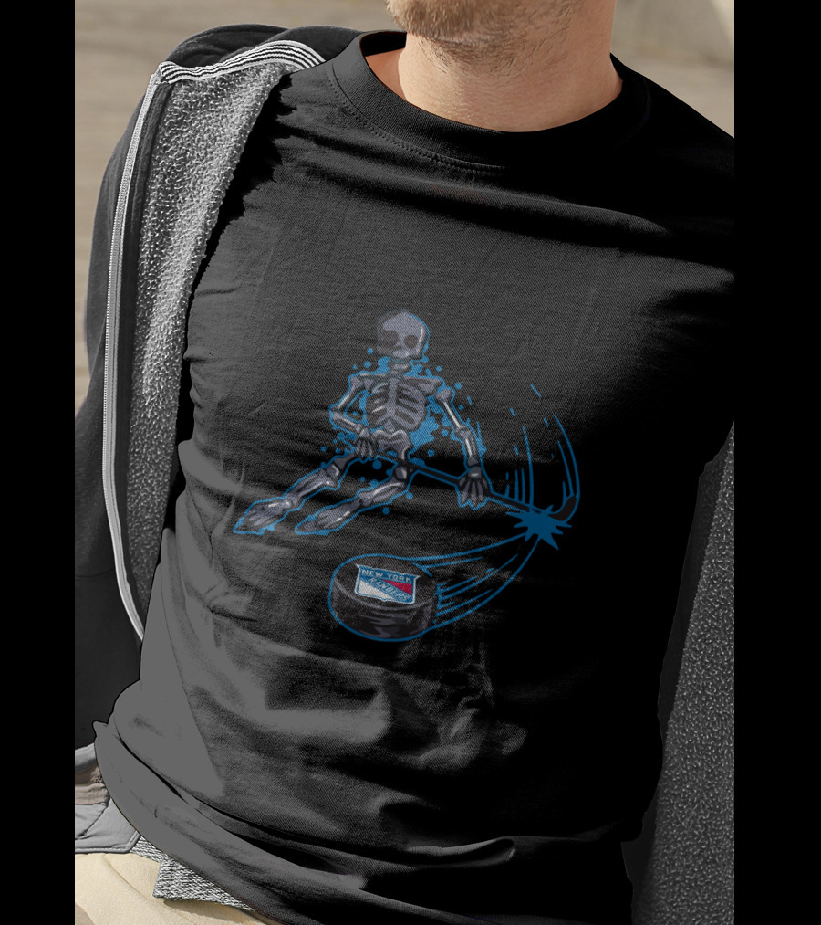 New York Rangers Skeleton Playing Ice Hockey With Puck T-Shirt