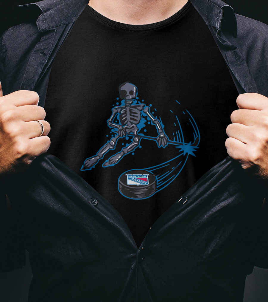 New York Rangers Skeleton Playing Ice Hockey With Puck T-Shirt