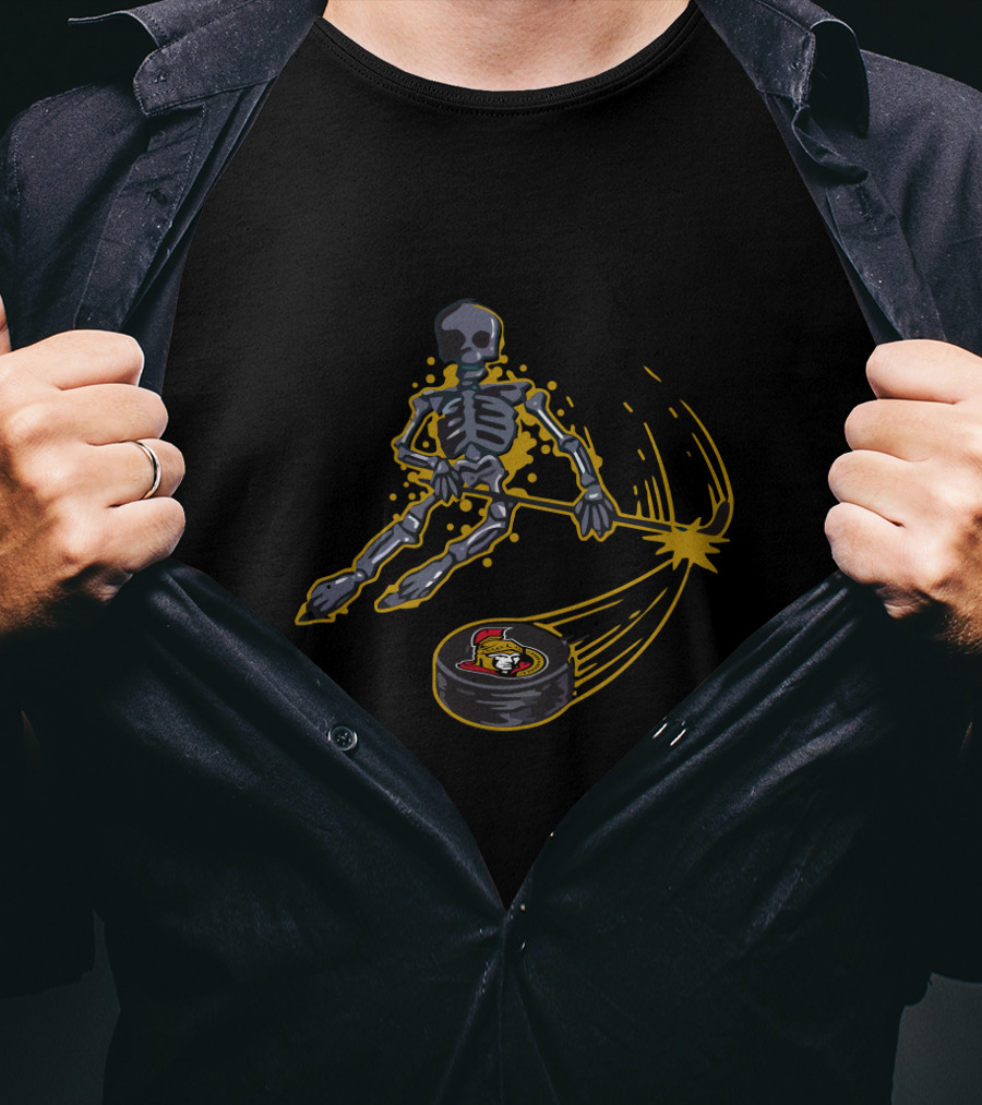Skeleton Playing Ice Hockey With Ottawa Senators Logo Puck T-Shirt