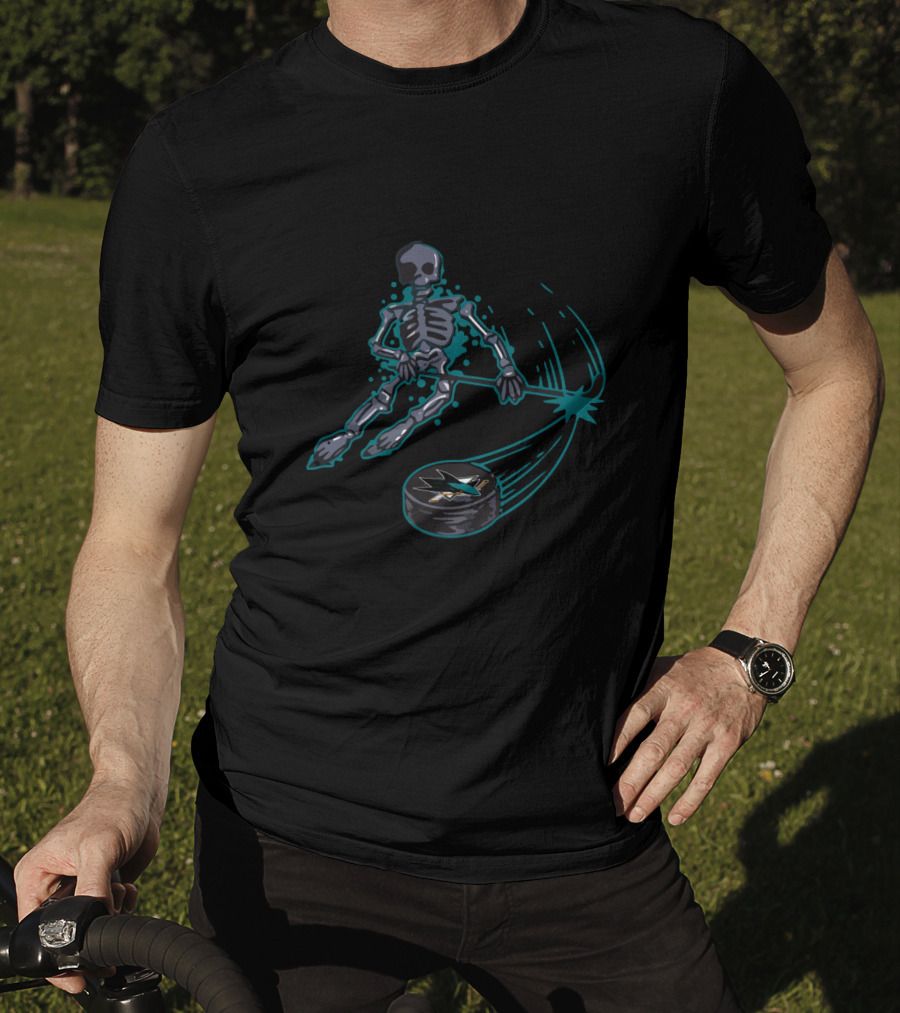 San Jose Sharks Skeleton Ice Hockey Graphic With Teal And Black Elements T-Shirt