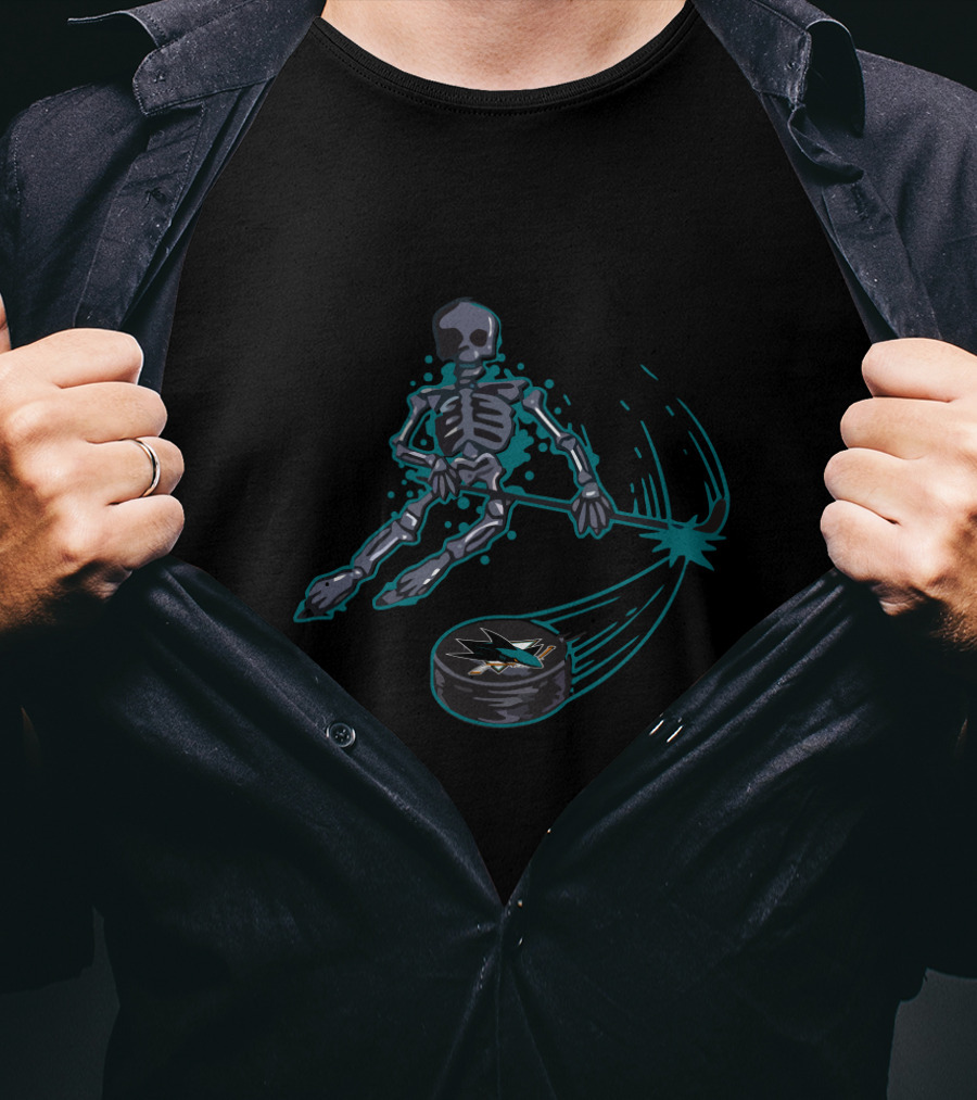 San Jose Sharks Skeleton Ice Hockey Graphic With Teal And Black Elements T-Shirt