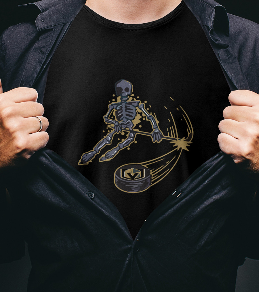 Vegas Golden Knights Skeleton Playing Ice Hockey With Puck T-Shirt