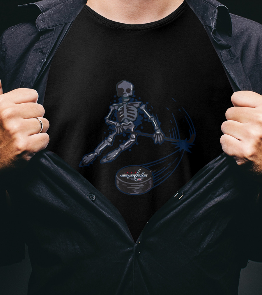 Skeleton Playing Ice Hockey With Washington Capitals Puck T-Shirt