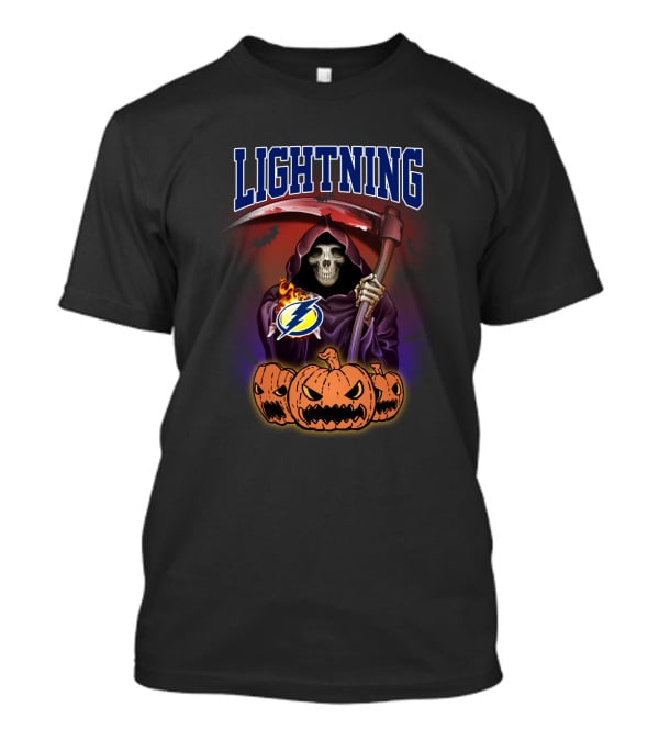 Tampa Bay Lightning Reaper Halloween Grim Skull With Scythe And Jack-O-Lanterns T-Shirt