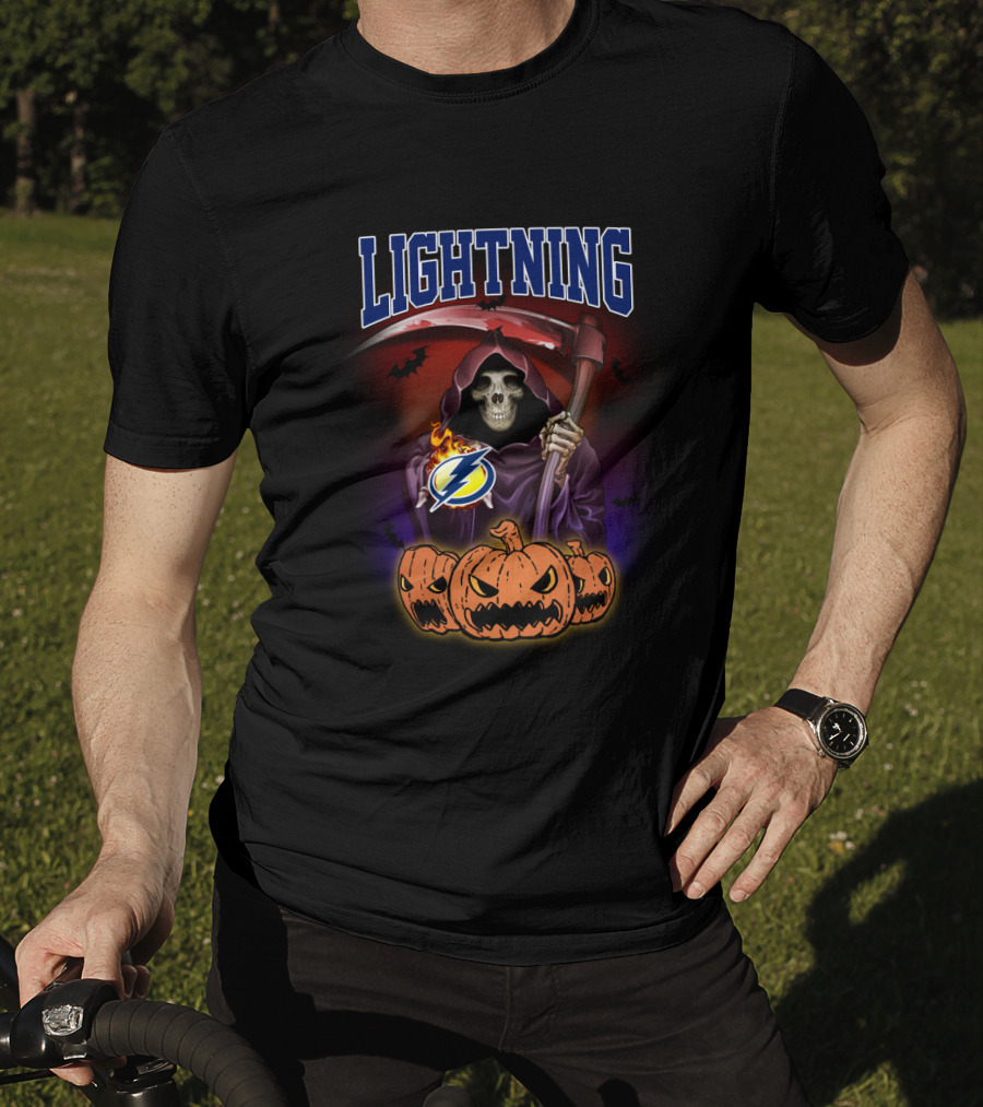 Tampa Bay Lightning Reaper Halloween Grim Skull With Scythe And Jack-O-Lanterns T-Shirt