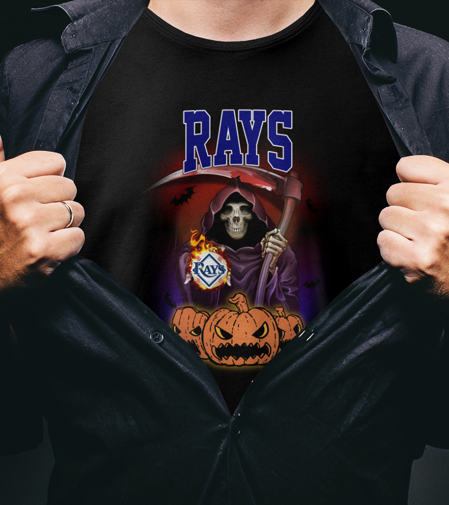 Tampa Bay Rays Reaper Holding Scythe With Pumpkins And Bats T-Shirt