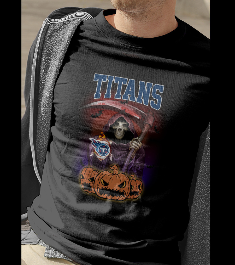 Tennessee Titans Reaper Halloween With Grim Skull And Pumpkins T-Shirt