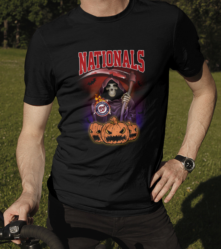 Nationals Grim Reaper With Washington Logo And Halloween Pumpkins T-Shirt