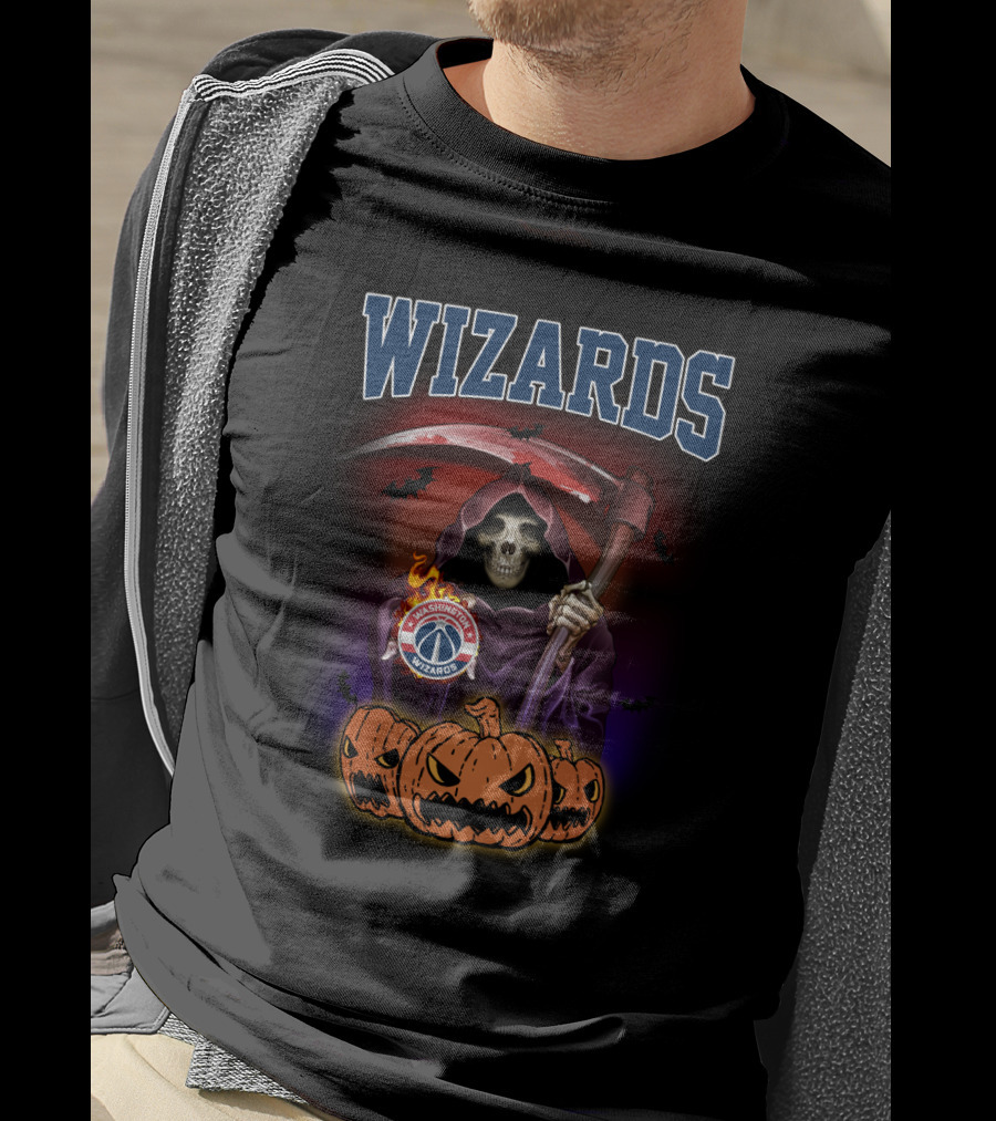 Wizards Skeleton With Scythe And Washington Wizards Logo Surrounded By Pumpkins T-Shirt