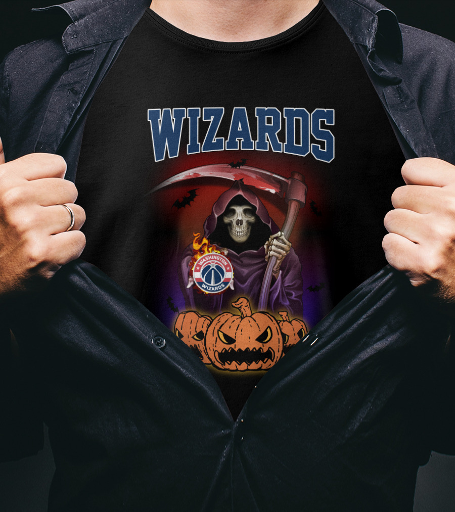 Wizards Skeleton With Scythe And Washington Wizards Logo Surrounded By Pumpkins T-Shirt