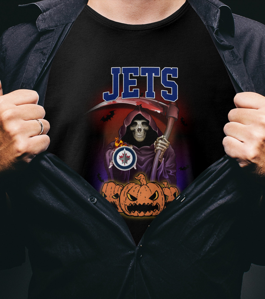 Winnipeg Jets Halloween Grim Reaper With Scythe And Pumpkins T-Shirt