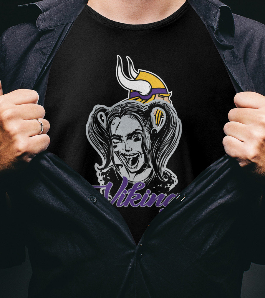 Harley Quinn Smiling With Minnesota Vikings Logo And Vikings T-Shirt