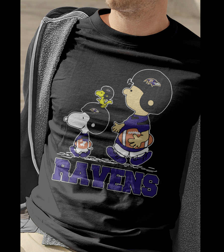 Snoopy And Friends With Baltimore Ravens Football Helmets And Jerseys T-Shirt