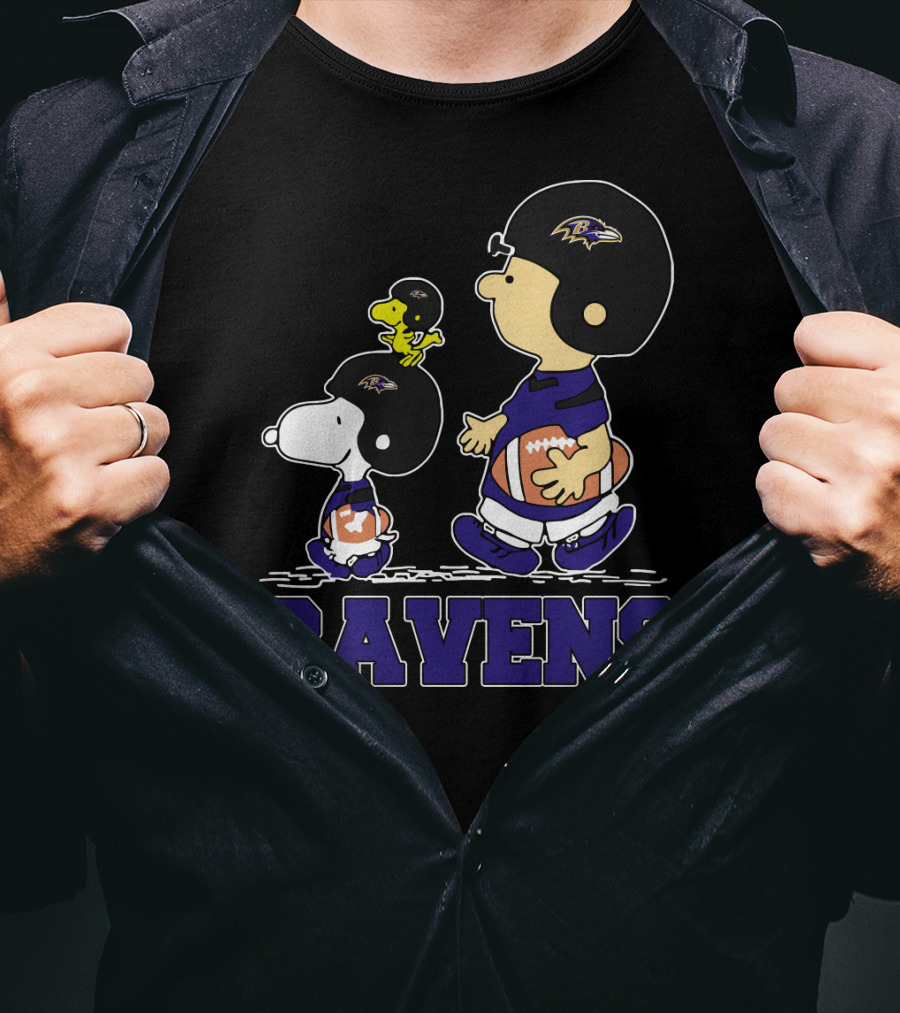 Snoopy And Friends With Baltimore Ravens Football Helmets And Jerseys T-Shirt