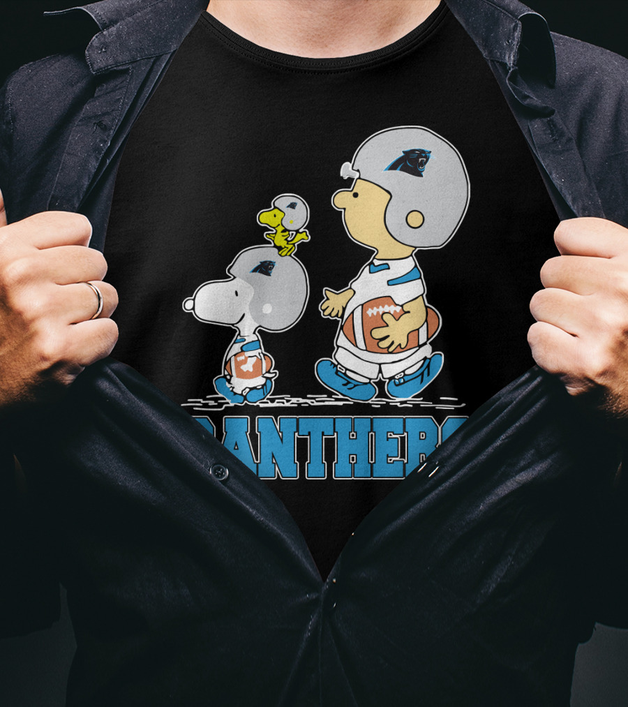 Snoopy And Woodstock With Carolina Panthers Football Helmets T-Shirt