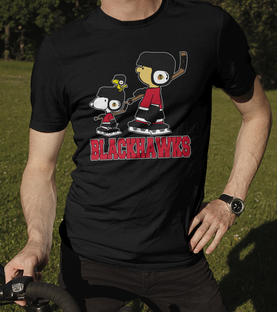 Snoopy And Woodstock With Blackhawks Hockey Gear T-Shirt