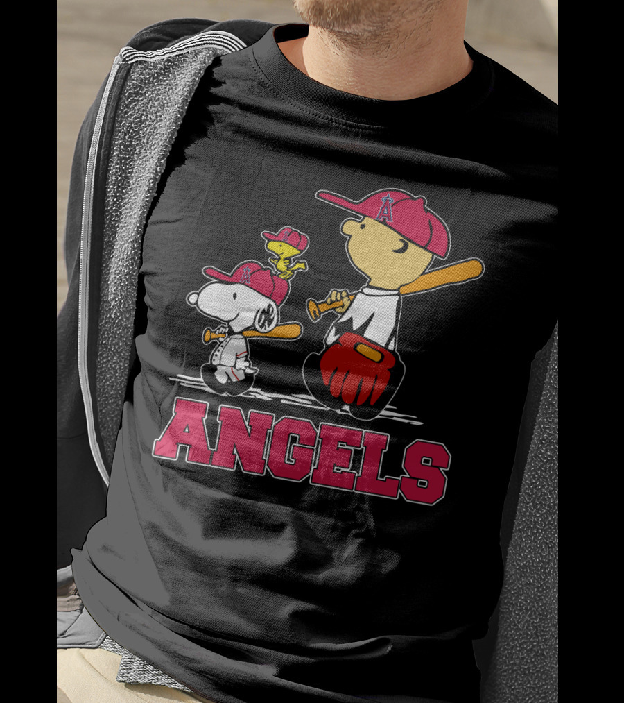 Snoopy Los Angeles Angels Baseball Fans With Woodstock And Bat T-Shirt