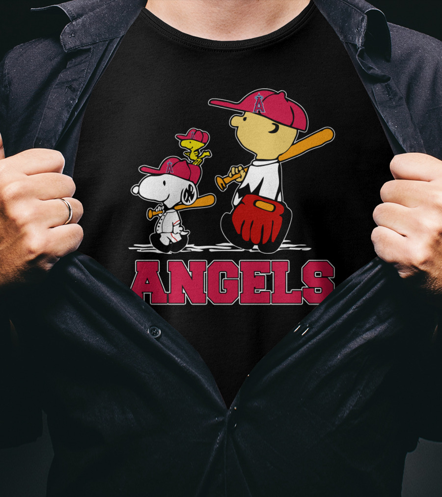 Snoopy Los Angeles Angels Baseball Fans With Woodstock And Bat T-Shirt