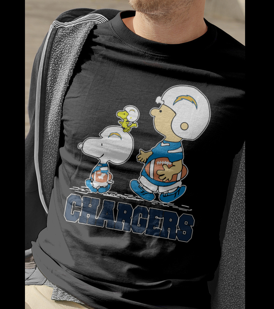 Snoopy And Woodstock With Los Angeles Chargers Football Helmets And Jersey T-Shirt