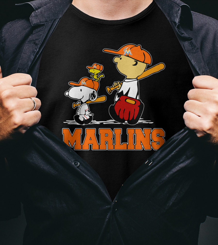 Marlins Snoopy Woodstock And Charlie Brown Baseball Fans T-Shirt