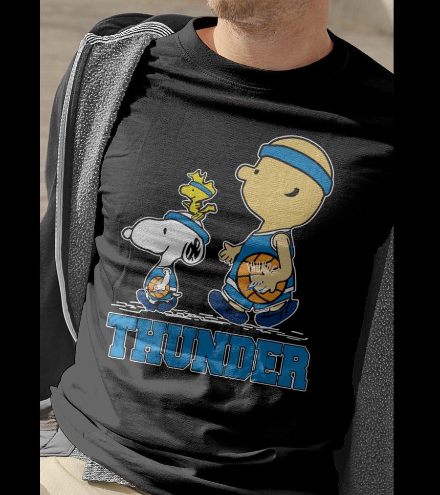 Snoopy And Oklahoma City Thunder Basketball Fans Walking With Woodstock T-Shirt
