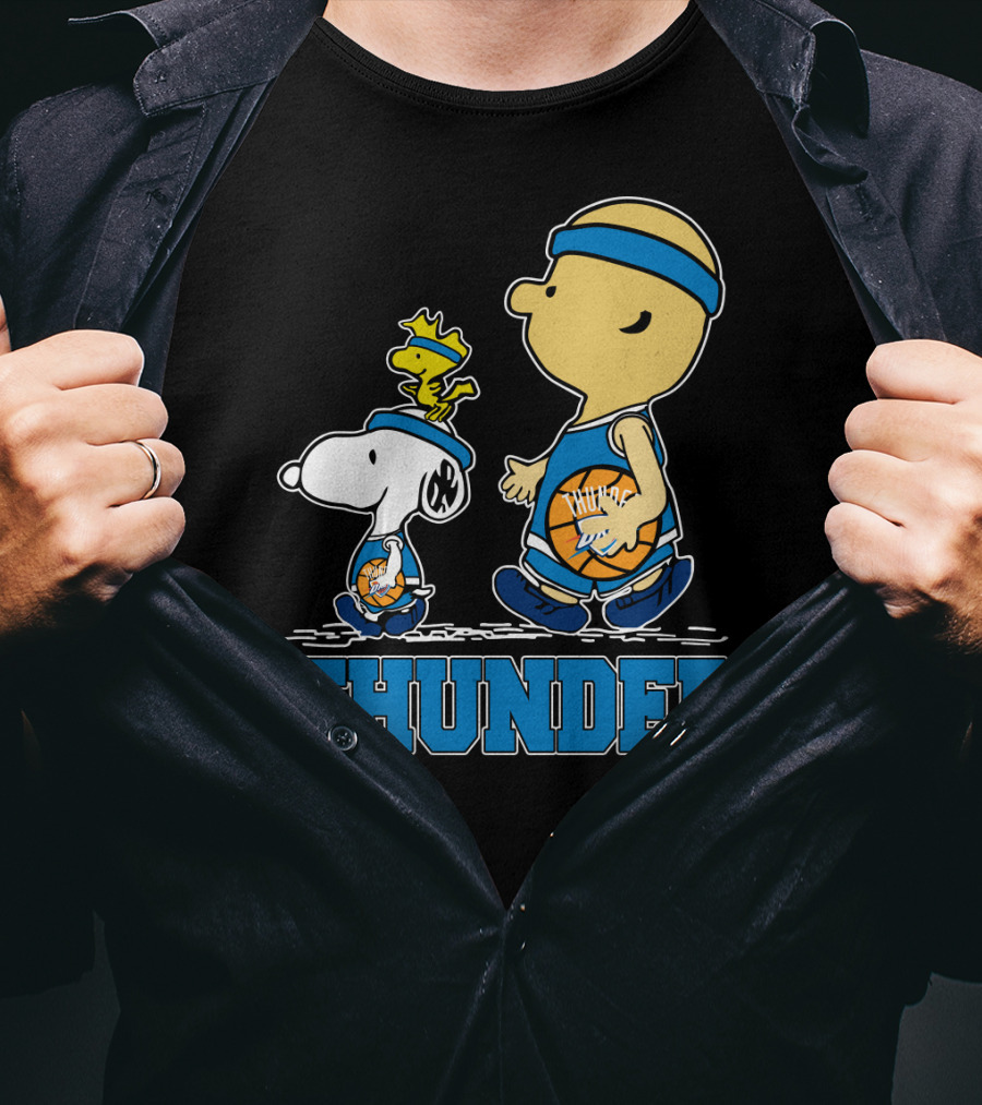 Snoopy And Oklahoma City Thunder Basketball Fans Walking With Woodstock T-Shirt