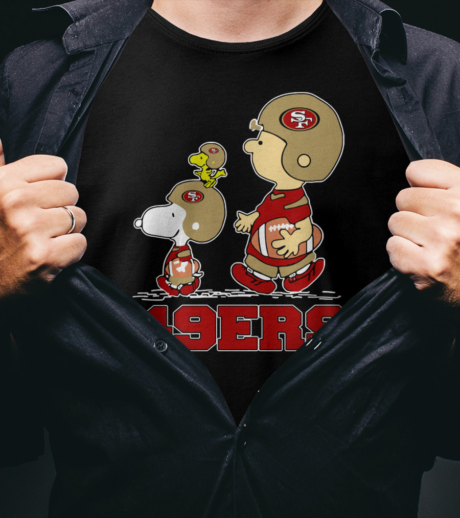 Snoopy And Woodstock With Charlie Brown San Francisco 49ers Football Team Fans T-Shirt