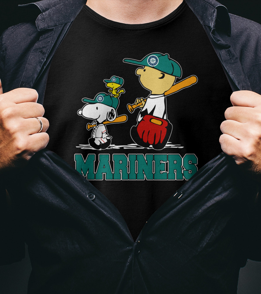 Snoopy Woodstock And Seattle Mariners Peanuts Baseball T-Shirt