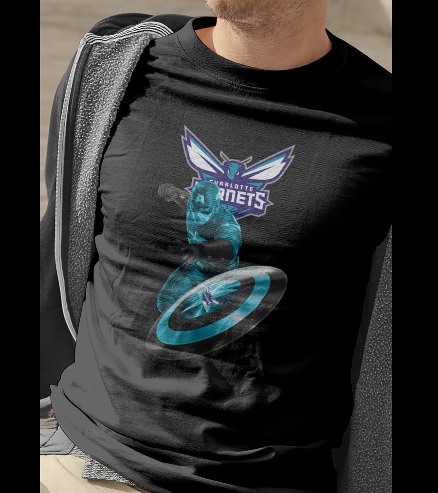 Charlotte Hornets Captain America Crossover Shield T-Shirt