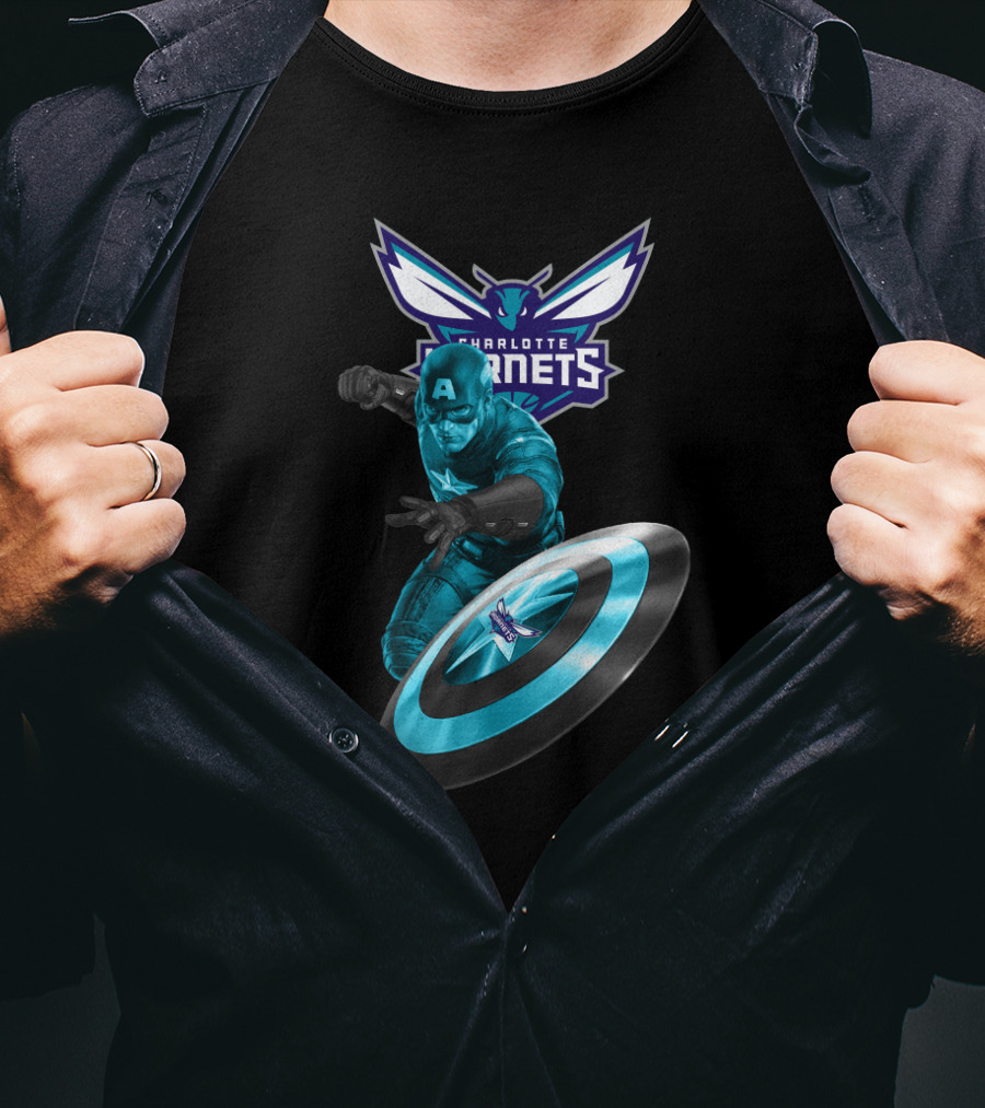 Charlotte Hornets Captain America Crossover Shield T-Shirt