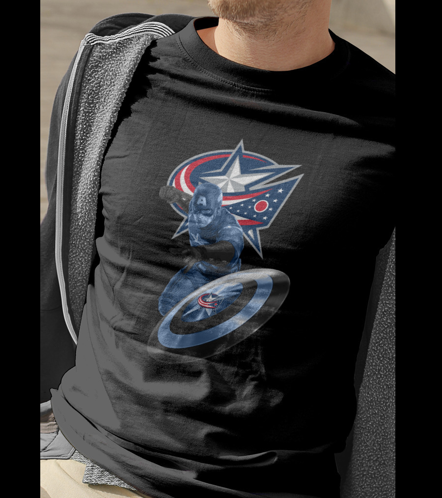Columbus Blue Jackets Logo With Captain America Shield Iconic Crossover T-Shirt