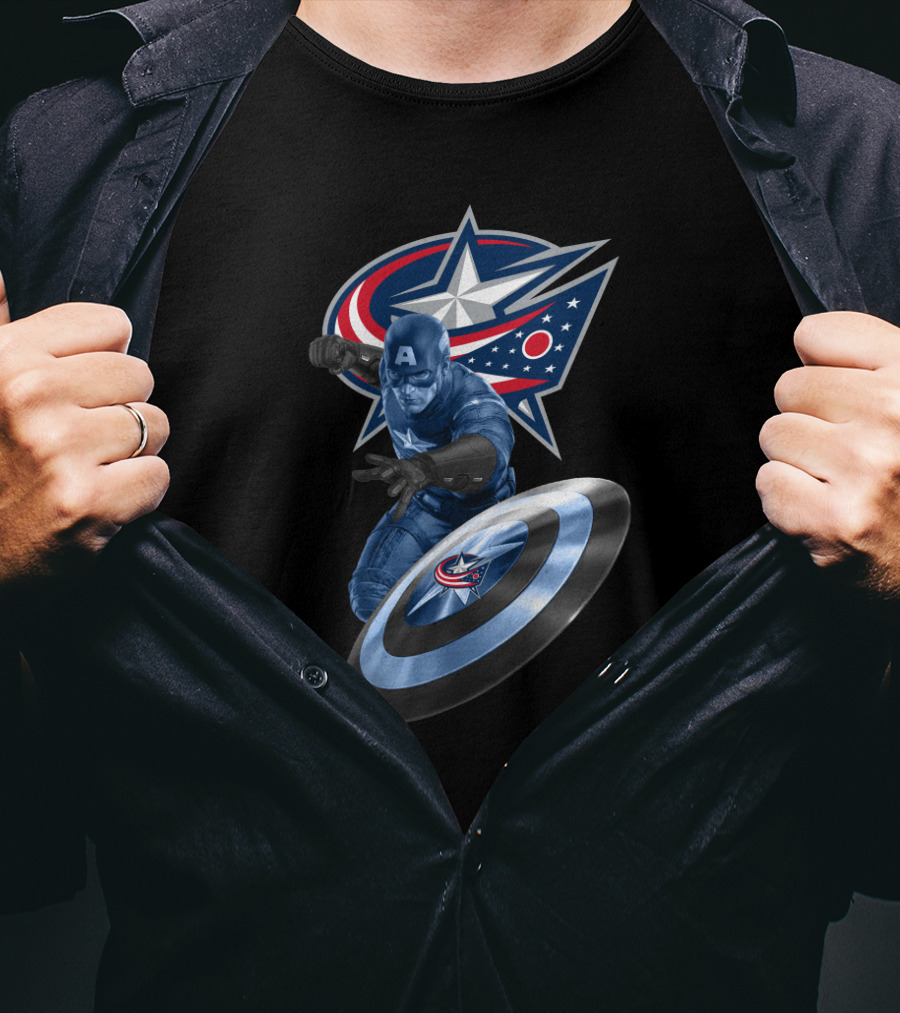 Columbus Blue Jackets Logo With Captain America Shield Iconic Crossover T-Shirt