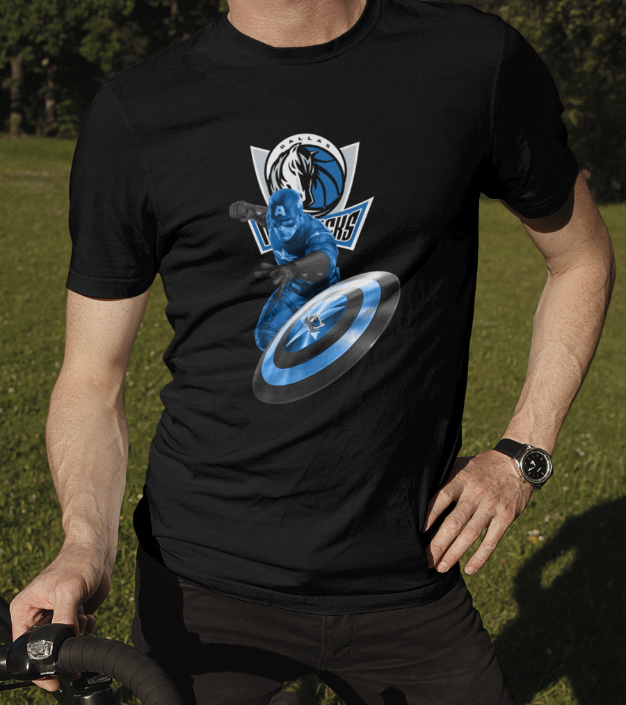 Dallas Mavericks Captain America Crossover Collaboration Featuring Iconic Shield T-Shirt