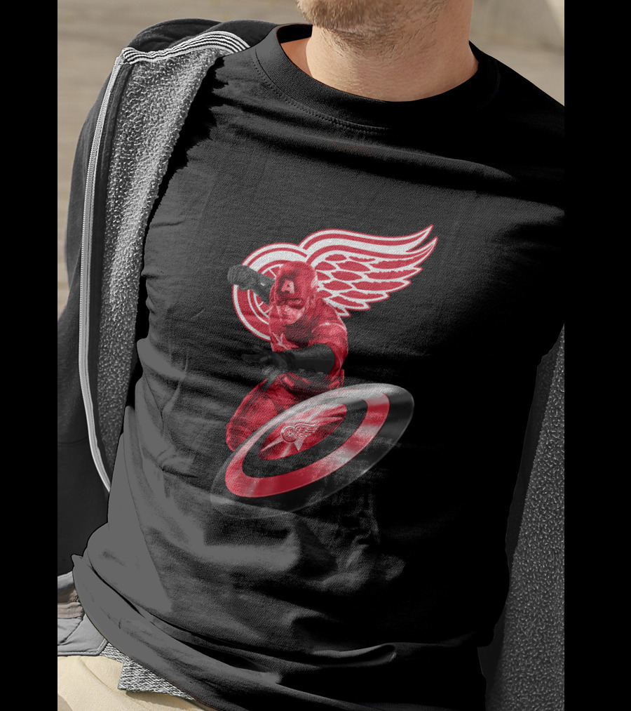 Detroit Red Wings Featuring Marvel's Captain America In Iconic Shield Pose T-Shirt