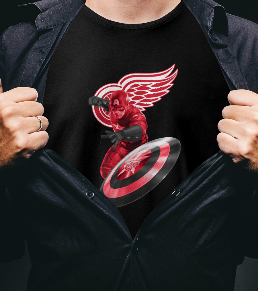 Detroit Red Wings Featuring Marvel's Captain America In Iconic Shield Pose T-Shirt