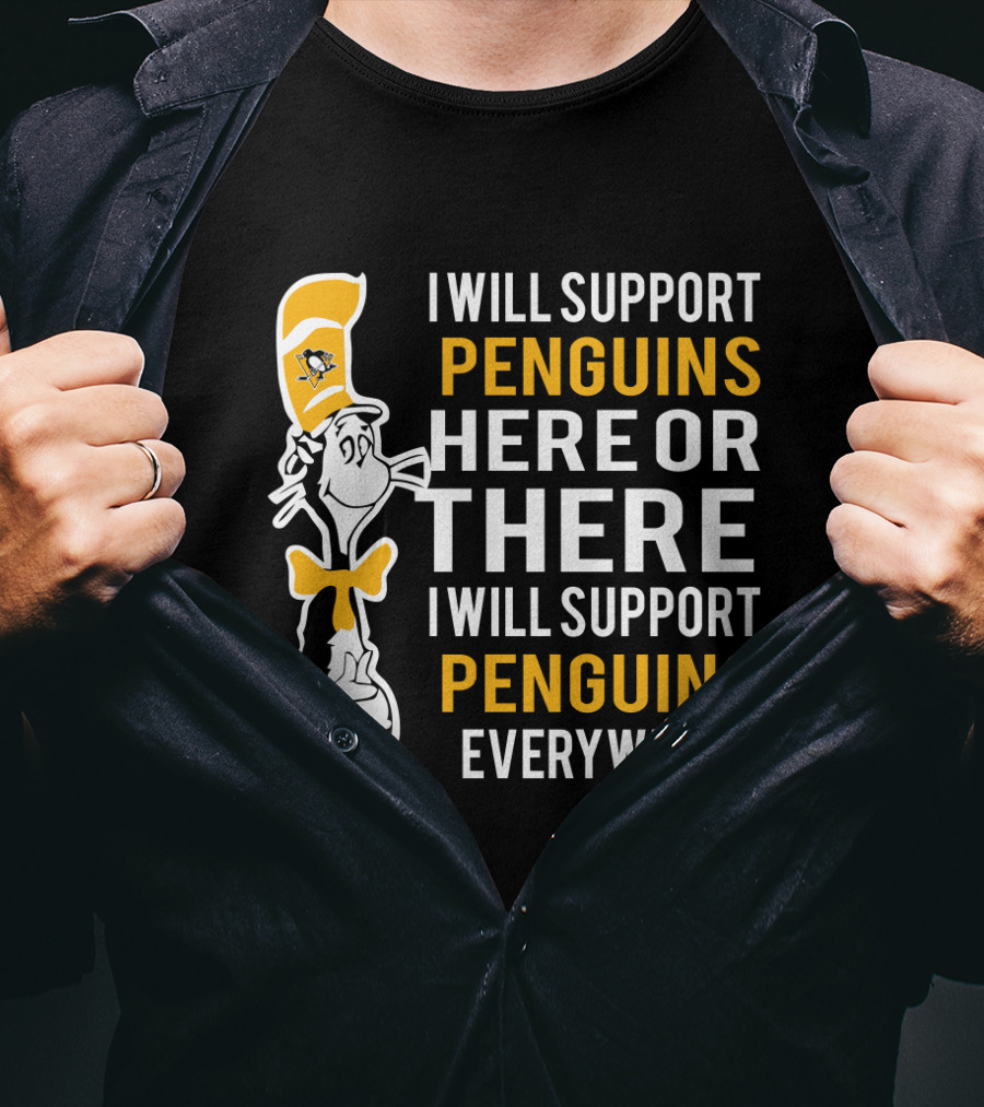 Pittsburgh Penguins Dr Seuss Cat Support Penguins Here There Everywhere T-Shirt