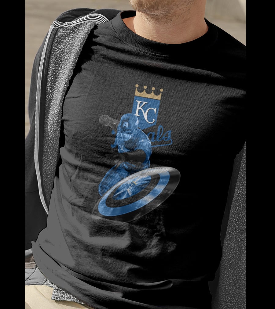 Kansas City Royals KC Logo Featuring Captain America Shield Design Blue T-Shirt