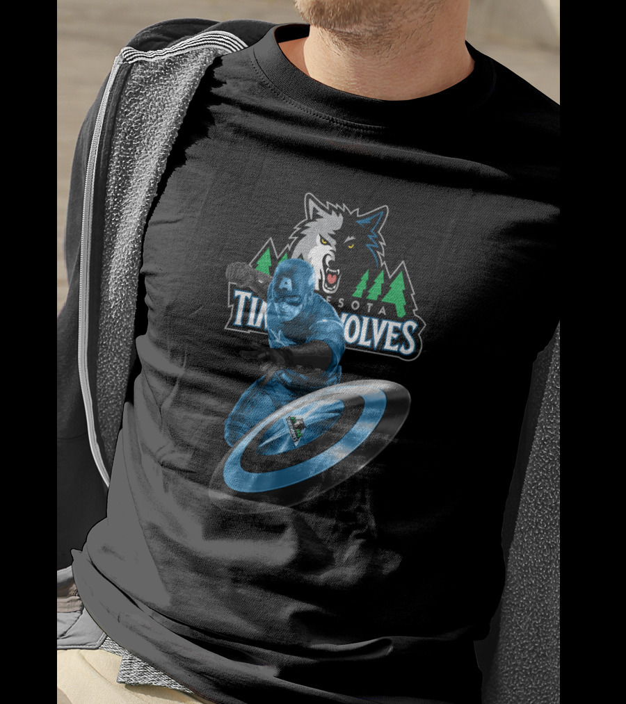 Minnesota Timberwolves Captain America Crossover With Wolf Logo And Shield T-Shirt